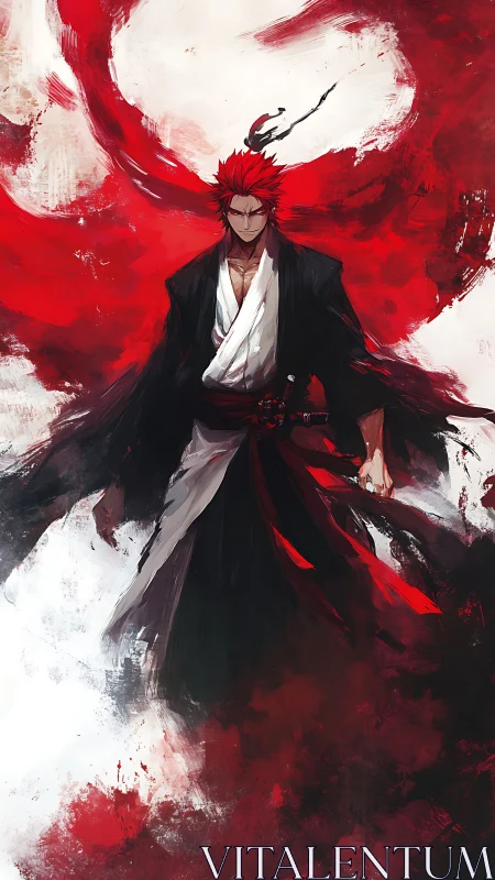 Crimson-bladed warrior amid swirling red tempest clouds.