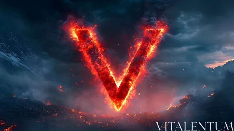 Blazing V of fire rising from a stormy volcanic world.
