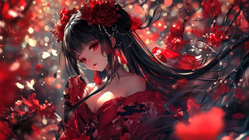 Crimson kimono heroine amid bokeh lit blossom branches