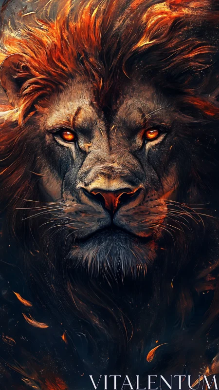 Fiery lion gaze glowing with quiet, powerful courage.