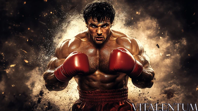 Professional boxer executing aggressive guard stance with volumetric particle effects