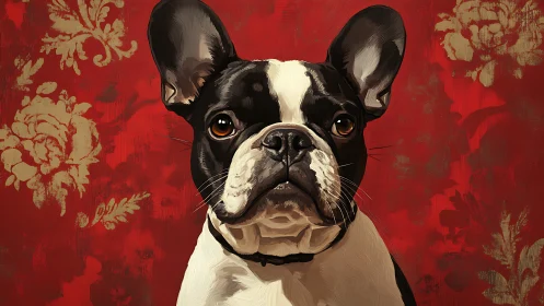 French bulldog portrait against ornate red floral backdrop.