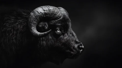 Black buffalo side profile on dark minimalist background.