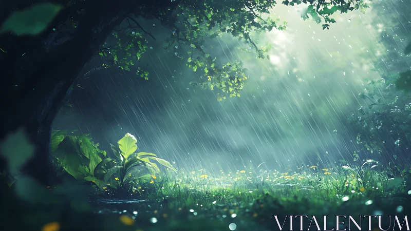 Digital painting woodland glade in cinematic rainfall light.