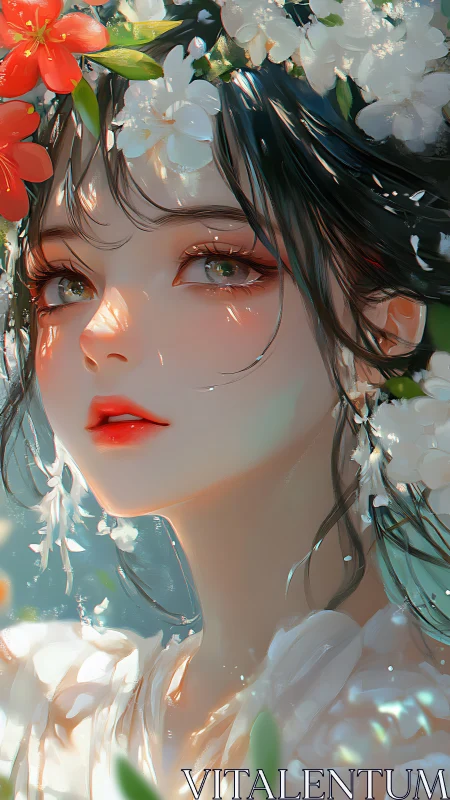 Floral portrait of serene girl in soft sunlight glow.