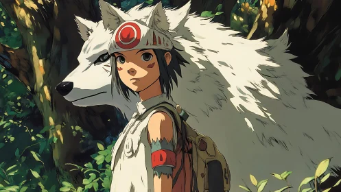 Anime forest warrior with white wolf rendered in flat cel shading