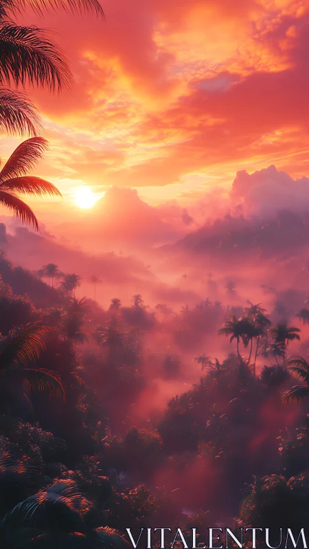 Dreamy tropical sunrise glowing over misty jungle valley.