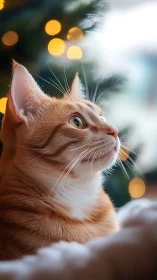 Side-lit ginger cat profile with shallow depth and festive bokeh