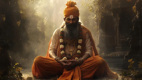 Orange robed guru meditating in forest temple ruins scene
