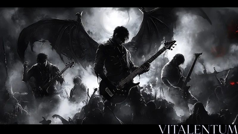 Monochrome rock band performs before winged demonic figure