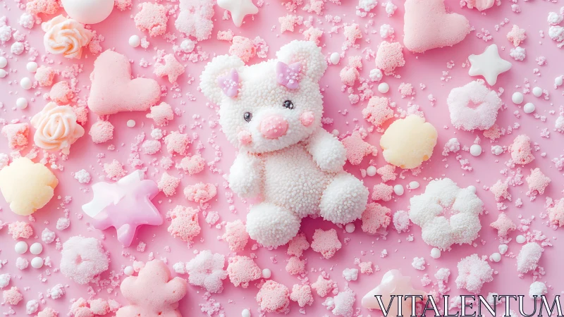 White textured cat figure surrounded by pink decorative sugar elements
