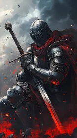 Armored knight kneels in embers beneath a storm-dark sky