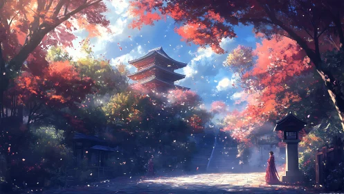 Autumn shrine courtyard with volumetric light and distant pagoda