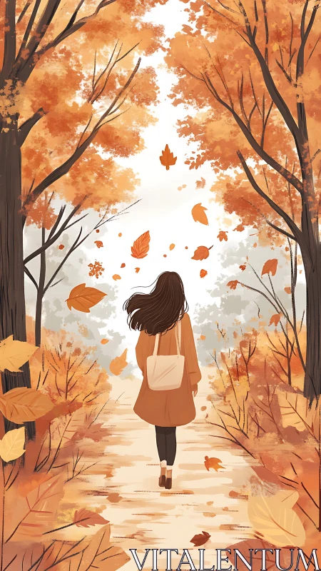Solitary woman walks forest path under swirling autumn leaves