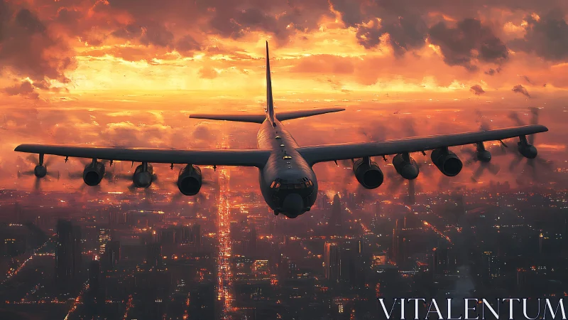 Sunset city flyover with a powerful, steady aircraft.