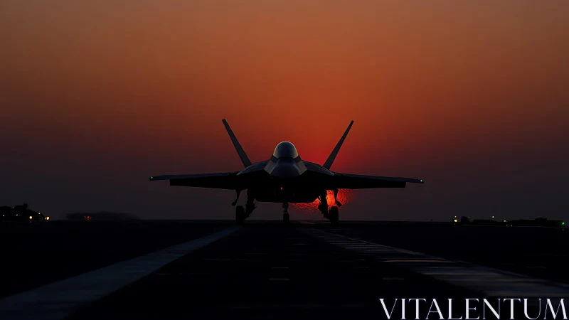 Silhouetted jet fighter aligns on runway centerline at red dusk