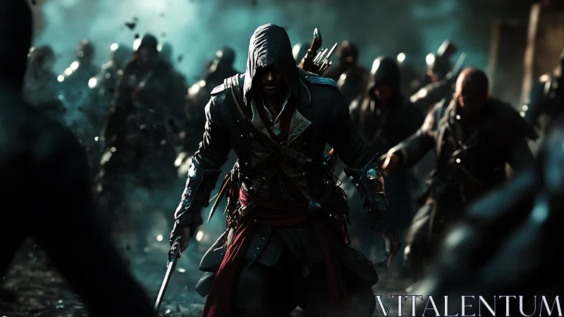 Hooded armed figure advances through dense hostile crowd