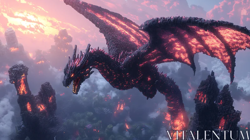 Lava-lit dragon soaring above crumbling fantasy spires.