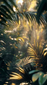 Golden jungle sunlight dances gently across lush palm leaves