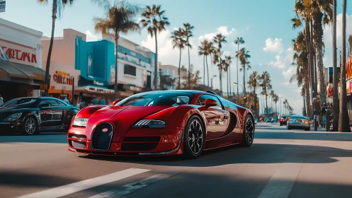 Red hypercar cruises palm-lined city boulevard at sunset