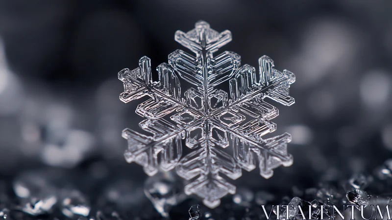 Macro close-up of hexagonal snowflake over dark surface.