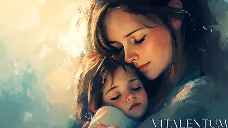 Mother and Child in Warm Golden Light Embrace