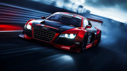 Red and black GT race car charging through wet night circuit.