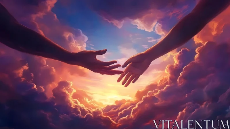 Two Hands Reaching Through Radiant Clouds at Sunset