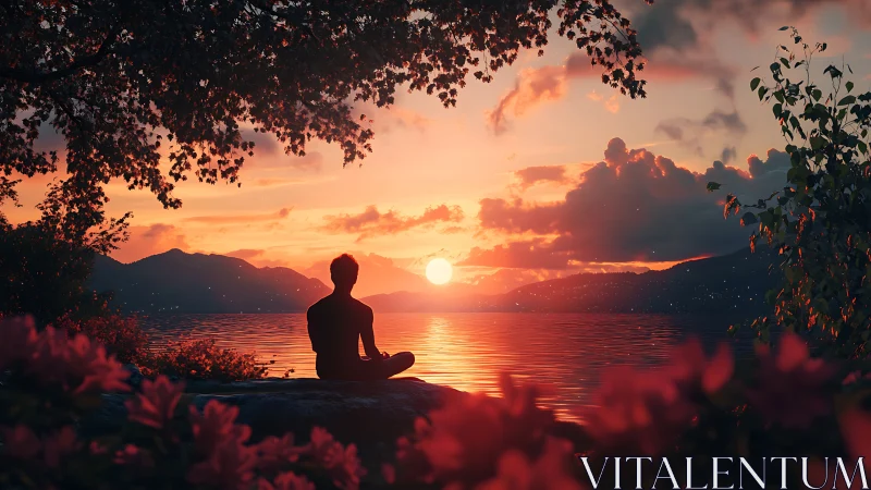 Silhouette observes sunset over lake framed by foliage