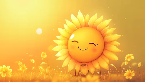 Sunny blossom spirit grinning in a golden daydream field.