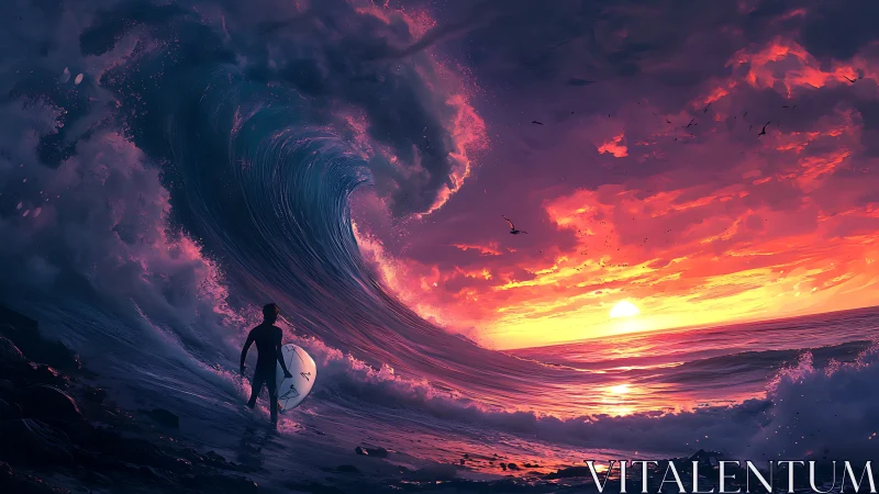 Surfer confronting towering sunset wave in glowing seascape.
