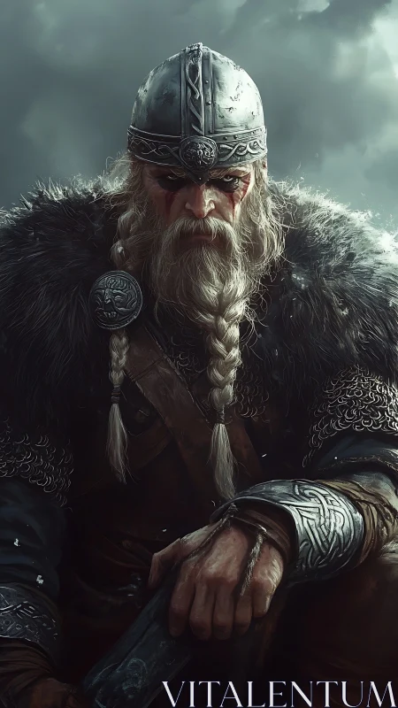 Stormlit viking warlord portrait with fur, steel and braids.