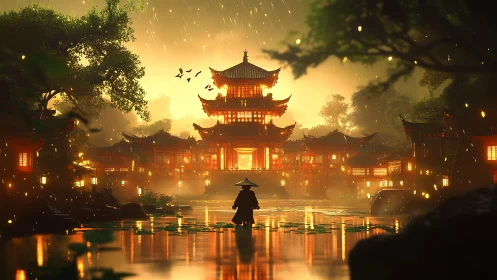 Samurai silhouette before glowing riverside pagoda temple.