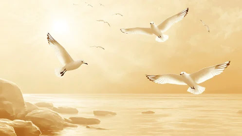 Seagulls in flight over calm coastal water at sunrise.