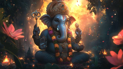 Ornate Ganesha idol rendered in high-detail digital lighting composition