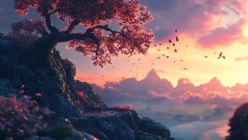 Solitary blossom tree crowns a dreamy sunrise cliff