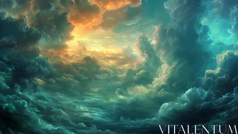 Luminous teal storm clouds with radiant sunset core over sky.