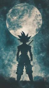 Spiky haired warrior silhouette beneath large full moon.