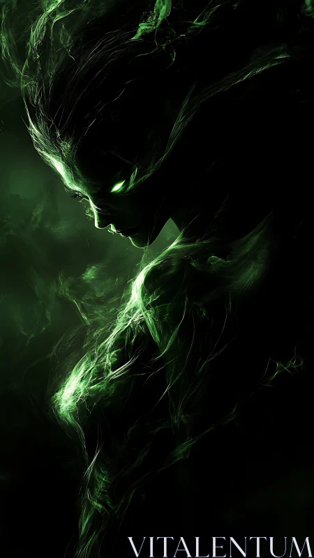 Spectral green entity emerges from shadowed darkness.