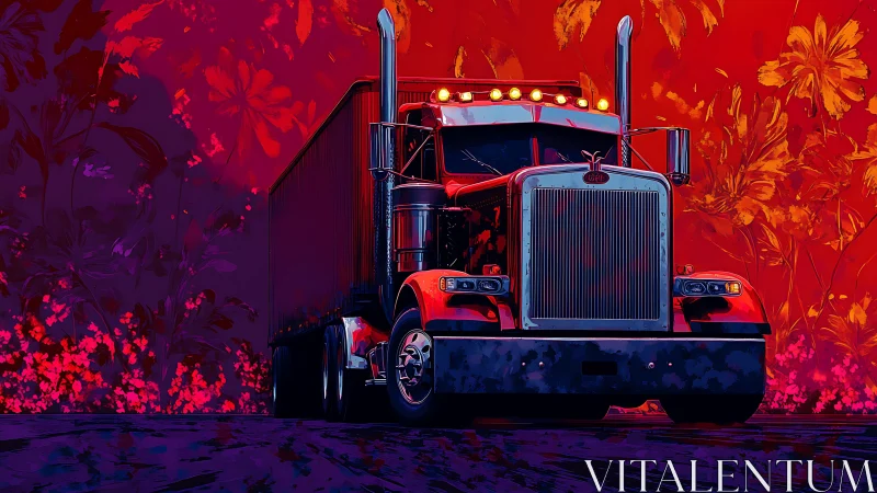 Chrome highway titan cruising through neon floral storm.