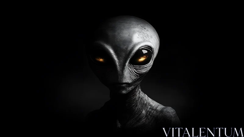 Alien portrait with glowing eyes in deep black void.