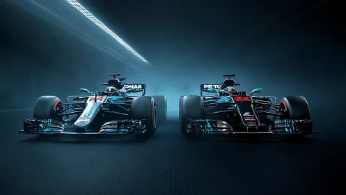 Twin Mercedes Formula 1 cars sprint under cool tunnel light