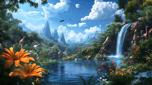 Luminous fantasy valley lake with cascading waterfall panorama.