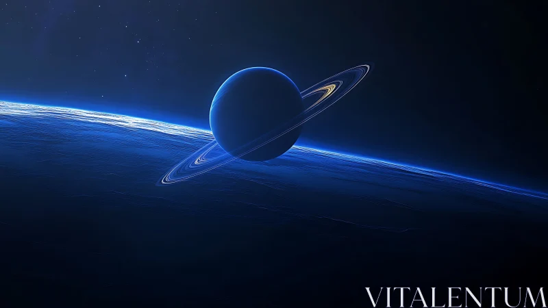 Ringed gas giant floats above a luminous blue horizon.