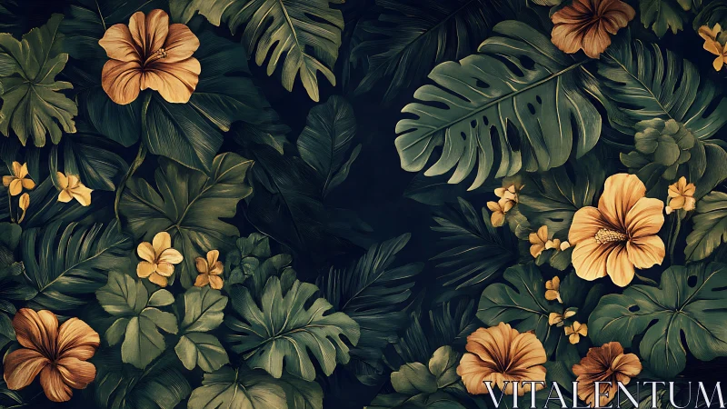 Dense botanical pattern renders stylized hibiscus and foliage