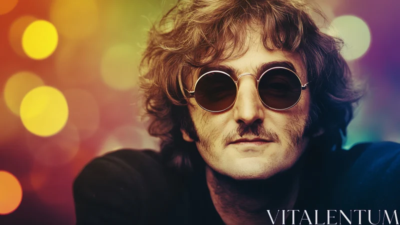 Man with round sunglasses before blurred colored lights.