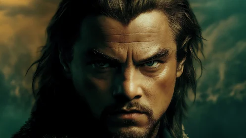 Digital close-up of stern male face in moody lighting.