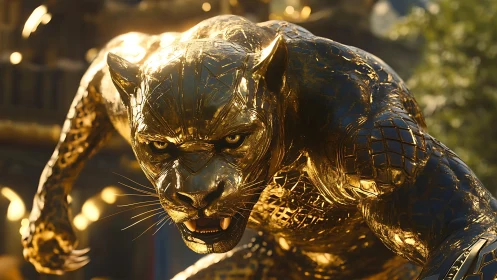 Gilded Metallic Panther Sculpture: Dramatic Lighting.