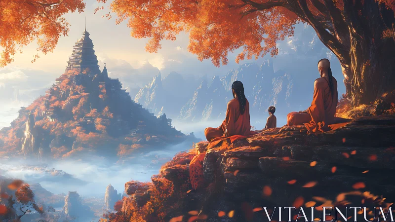 Monks observe misty mountain temple under autumn canopy.