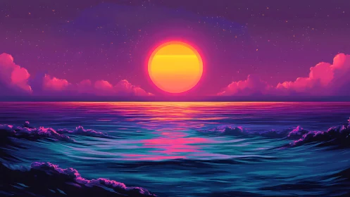 Neon dusk sun pours candy light across electric tides.